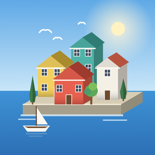 A small island town from Mina: a red house, a teal house, a yellow house and a white house on a raised plaza, a sailboat on the water, gulls overhead.